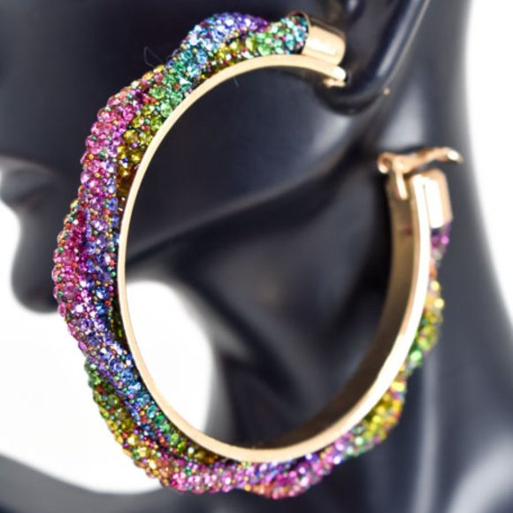 3" Braid Twist Multicolor Rhinestone Hoop Earrings - Picture 5 of 12